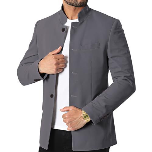 Sacou casual cu guler înalt pentru bărbați - Jachetă sport business Slim Fit cu design în stil tunică chinezească pentru adulți tineri