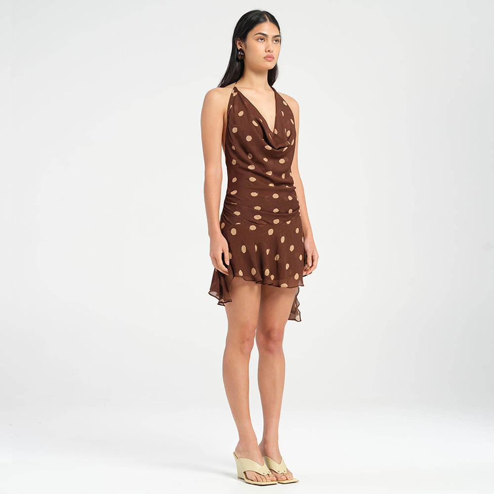 Polka Dot Chiffon Dress Sexy Halter Deep V Split Brown - Shop at LoveMi