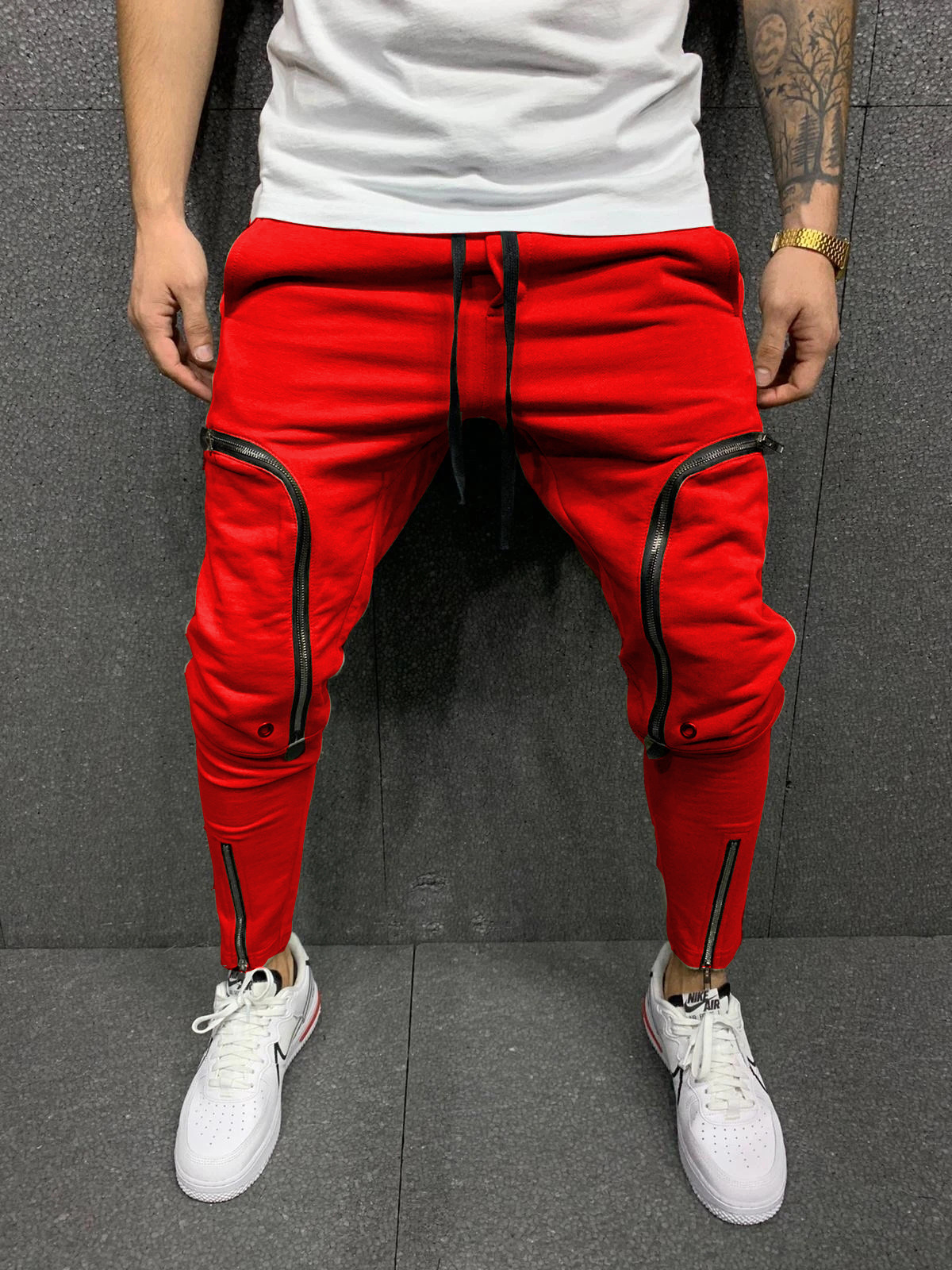 Men's Drawstring Zip Patch Pocket Slim Fit Track Pants
