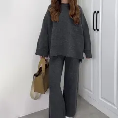 Women's Knitwear Casual Fashionable Trousers Suit - Dark Grey - View 1