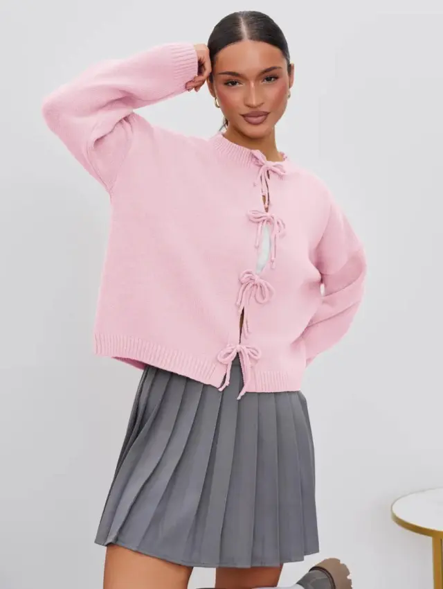European And American European And American Leisure Loose Cardigan Lace up Solid Color Knitted Sweater For Women Pink - Shop at LoveMi