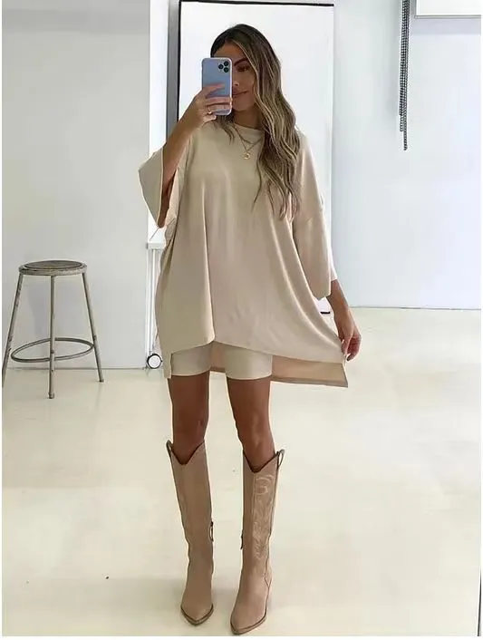 Women's Clothing Fashion Solid Color Loose T shirt Tight Shorts Women Beige - Shop at LoveMi