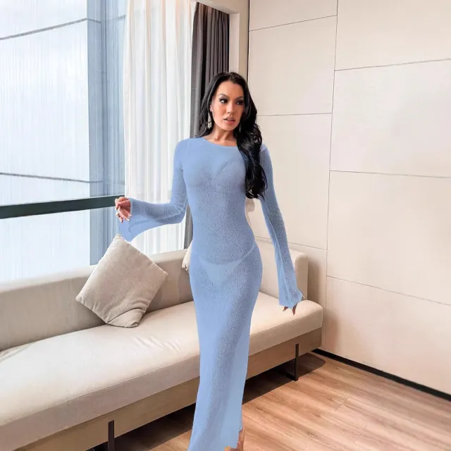 New Women's Long Sleeve Sexy Backless Dress Light Blue - Shop at LoveMi