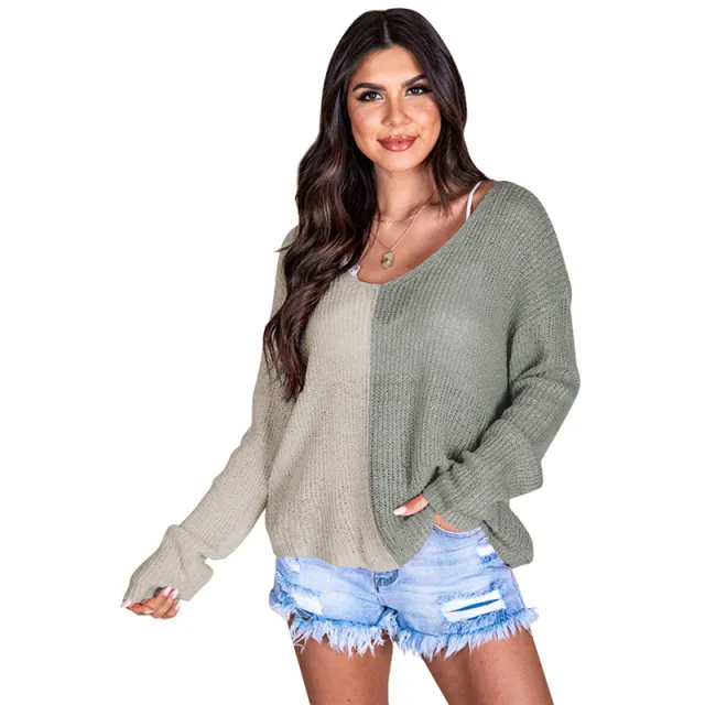 New Color Matching V neck Pullover Sweater Knitted Long sleeved Top Gray - Shop at LoveMi