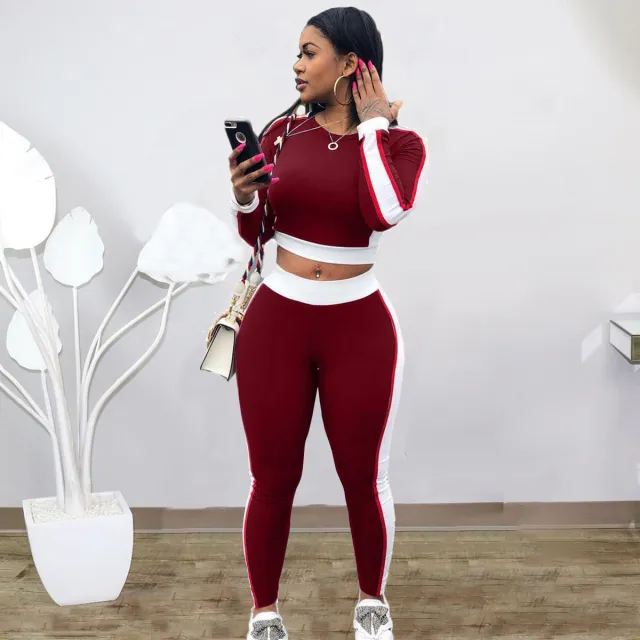 Fashion Casual Contrast Color Two piece Set Autumn And Winter Sports Sweater Suit Wine Red - Shop at LoveMi