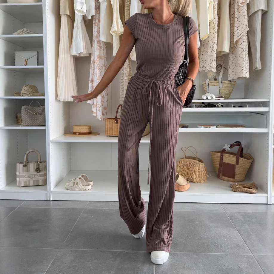 Textured Knitted Short-sleeved Shirt Wide Leg Pants Solid Color Casual Suit