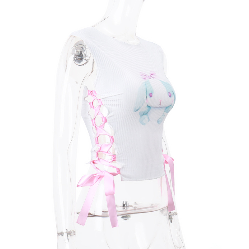 Women's Round Neck Pullover Cute Rabbit Print Knotted Short Vest