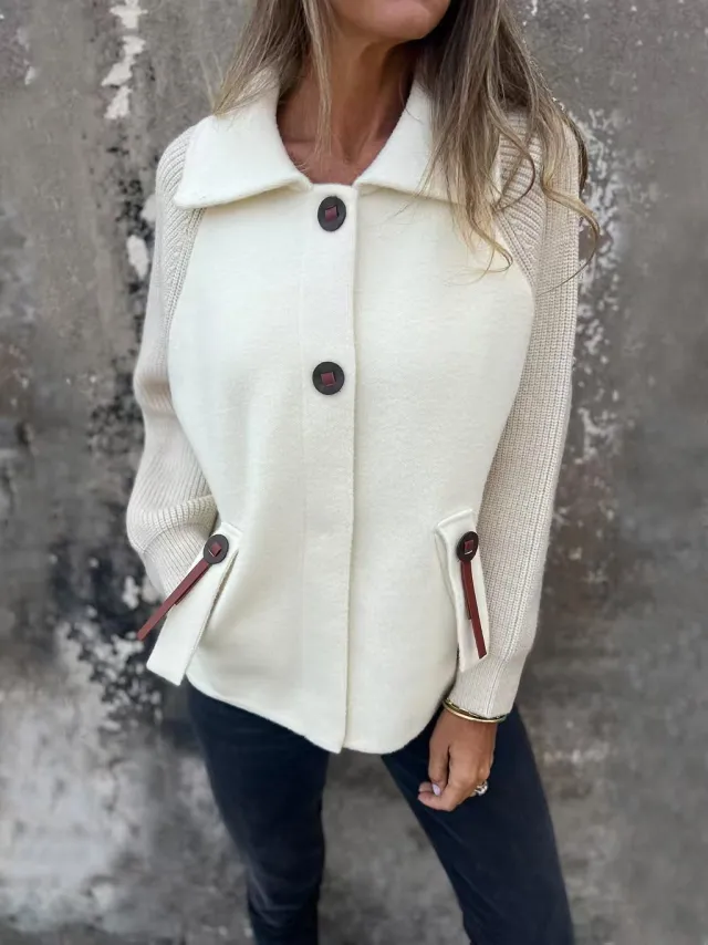 Casual Polo Collar Fashion Pocket Cuff Stitching Jacket Coat White - Shop at LoveMi