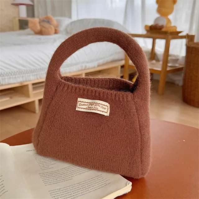 Fashion Solid Color Woolen Yarn Bag Portable Small Carrying Bag Women Brown - Shop at LoveMi