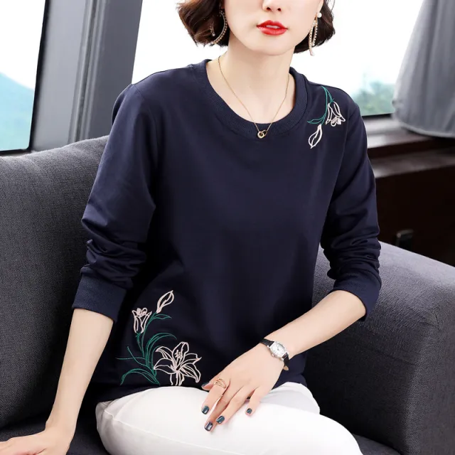 Cotton Small Flower Embroidery Long sleeved Top Navy - Shop at LoveMi