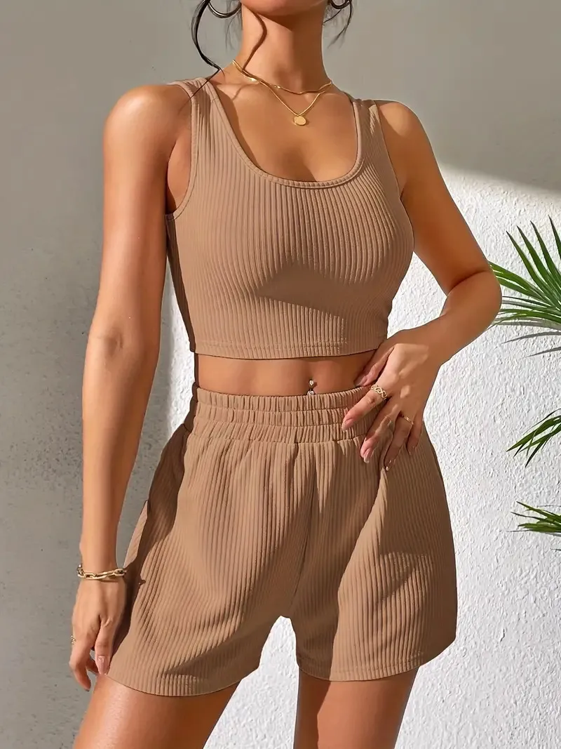 Fashion Casual Vest Shorts Set - Camel