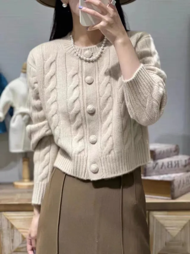 Lazy Round Neck Knitted Soft Glutinous Wool Cardigan Sweater Coat For Women Beige - Shop at LoveMi