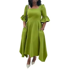 Elegant Lotus Sleeve Pocket Dress Black - Green - View 1