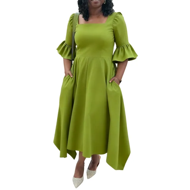 Elegant Lotus Sleeve Pocket Dress Black Green - Shop at LoveMi