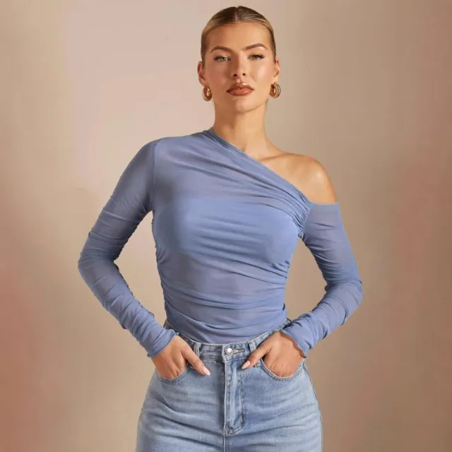 One shoulder Cross body Long Sleeve Pleated Slim Mesh Top For Women Blue - Shop at LoveMi