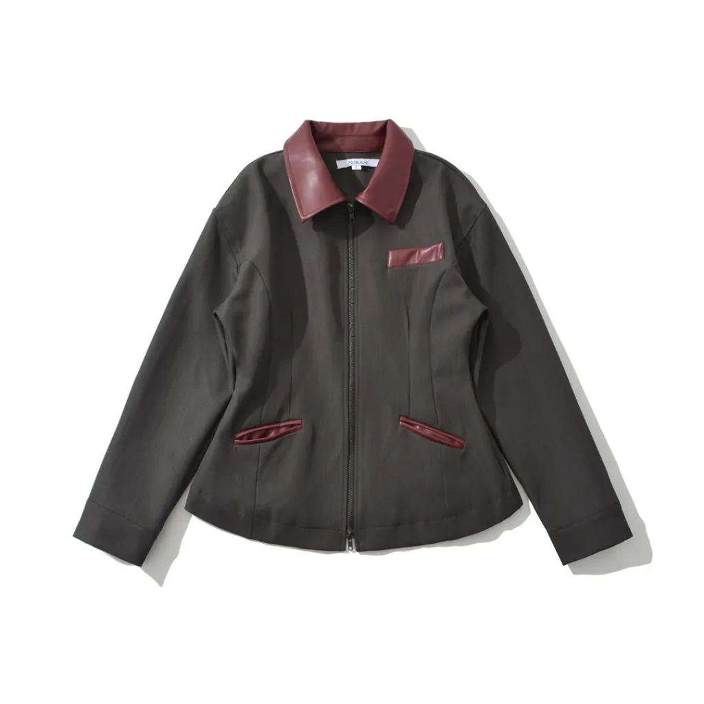 Retro Lapels Contrast Colour Waist-tight Motorcycle Slim-fit Leather Coat Zipper Jacket - Dark Grey