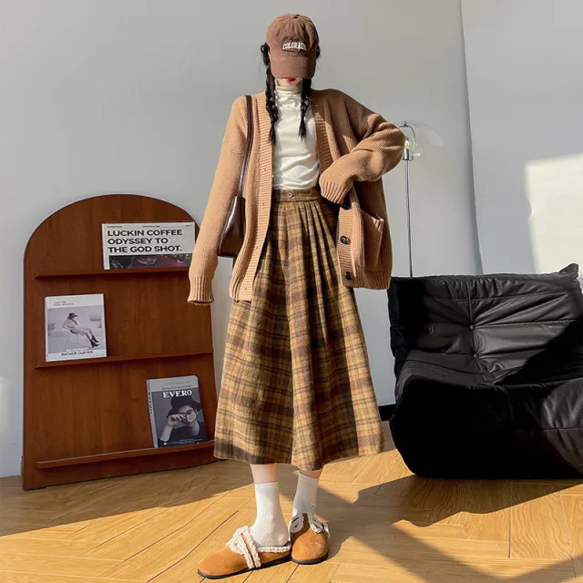 Retro Mori Style Woolen Plaid Skirt Autumn And Winter Women Khaki - Shop at LoveMi