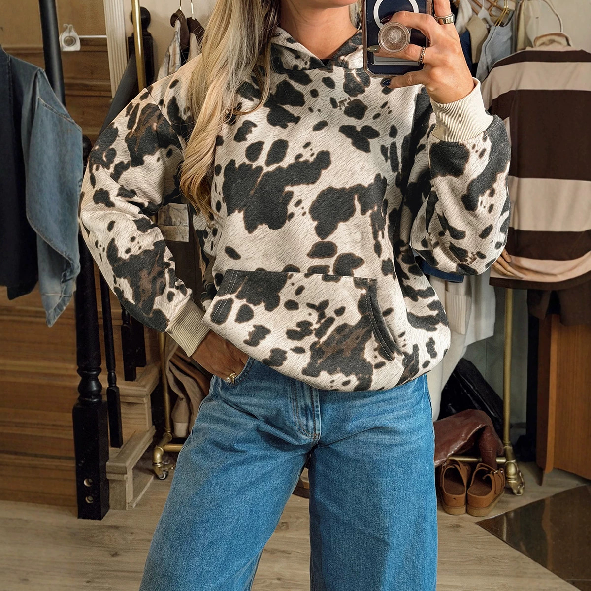 Women's Printed Loose-Fit Pullover Hoodie