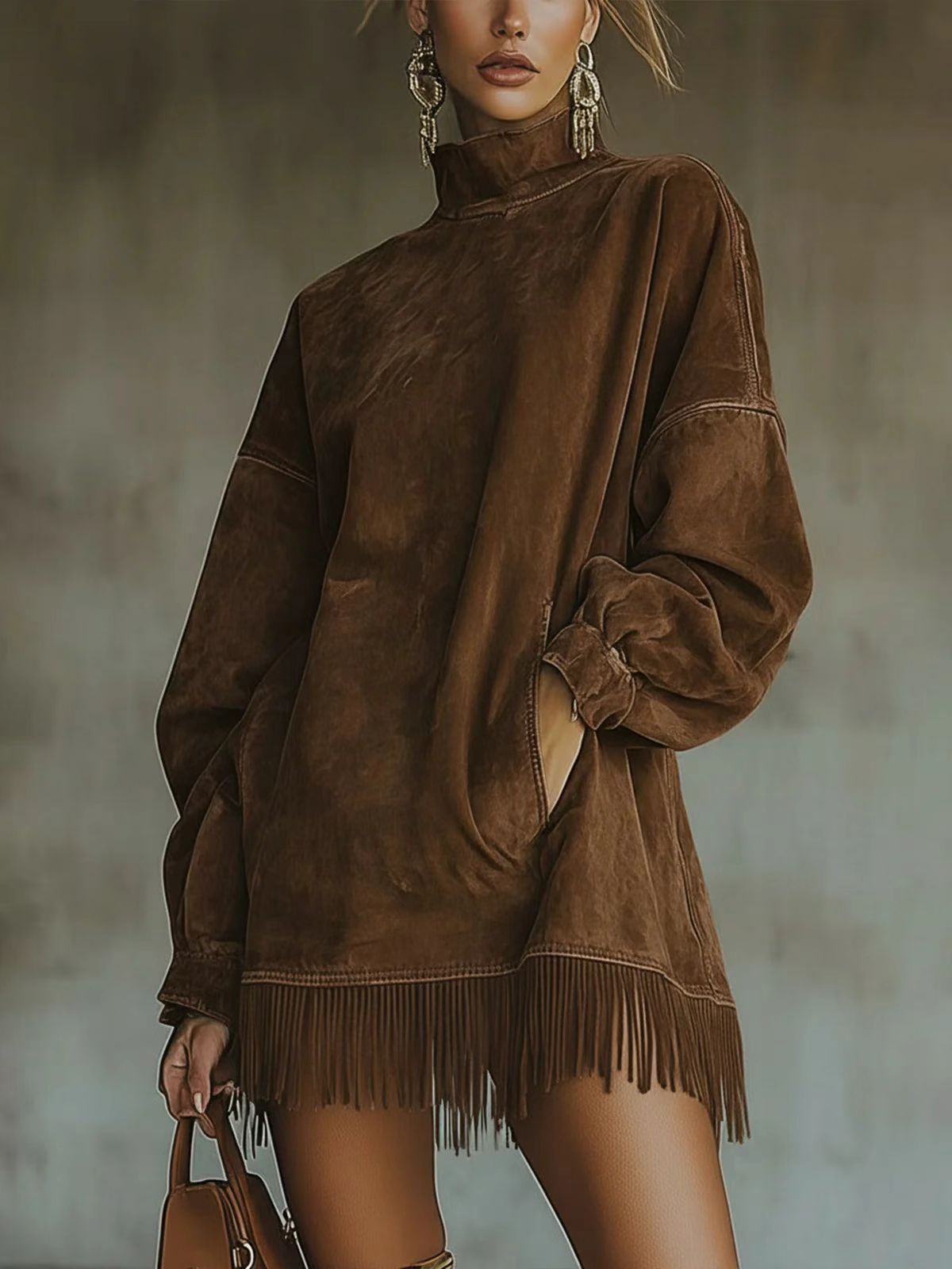 Loose Pockets Tassel Long Sleeve Suede Dress