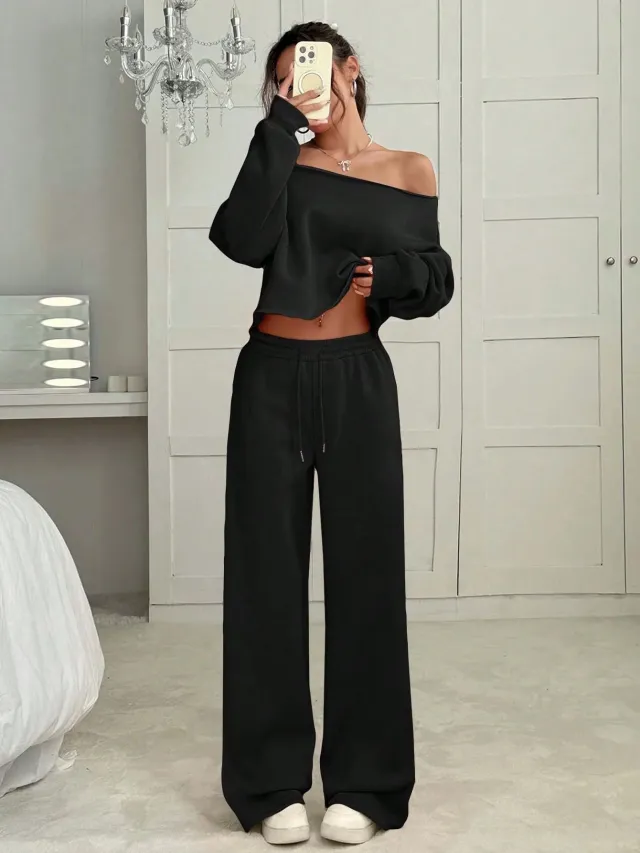 Autumn And Winter Casual Loose Round Neck Long sleeved Sweater Trousers Suit Black - Shop at LoveMi