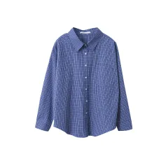 Women's Casual Long-sleeve Plaid Shirt Loose - Dark Blue - View 1
