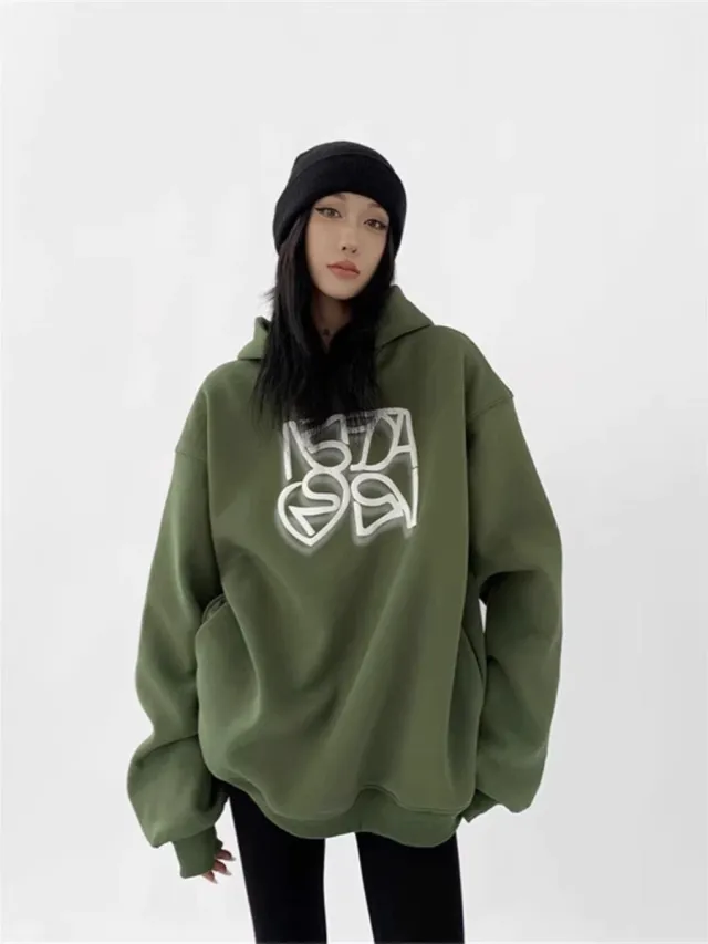 Heavy Cotton American Hooded Sweater For Women Green With Velvet - Shop at LoveMi
