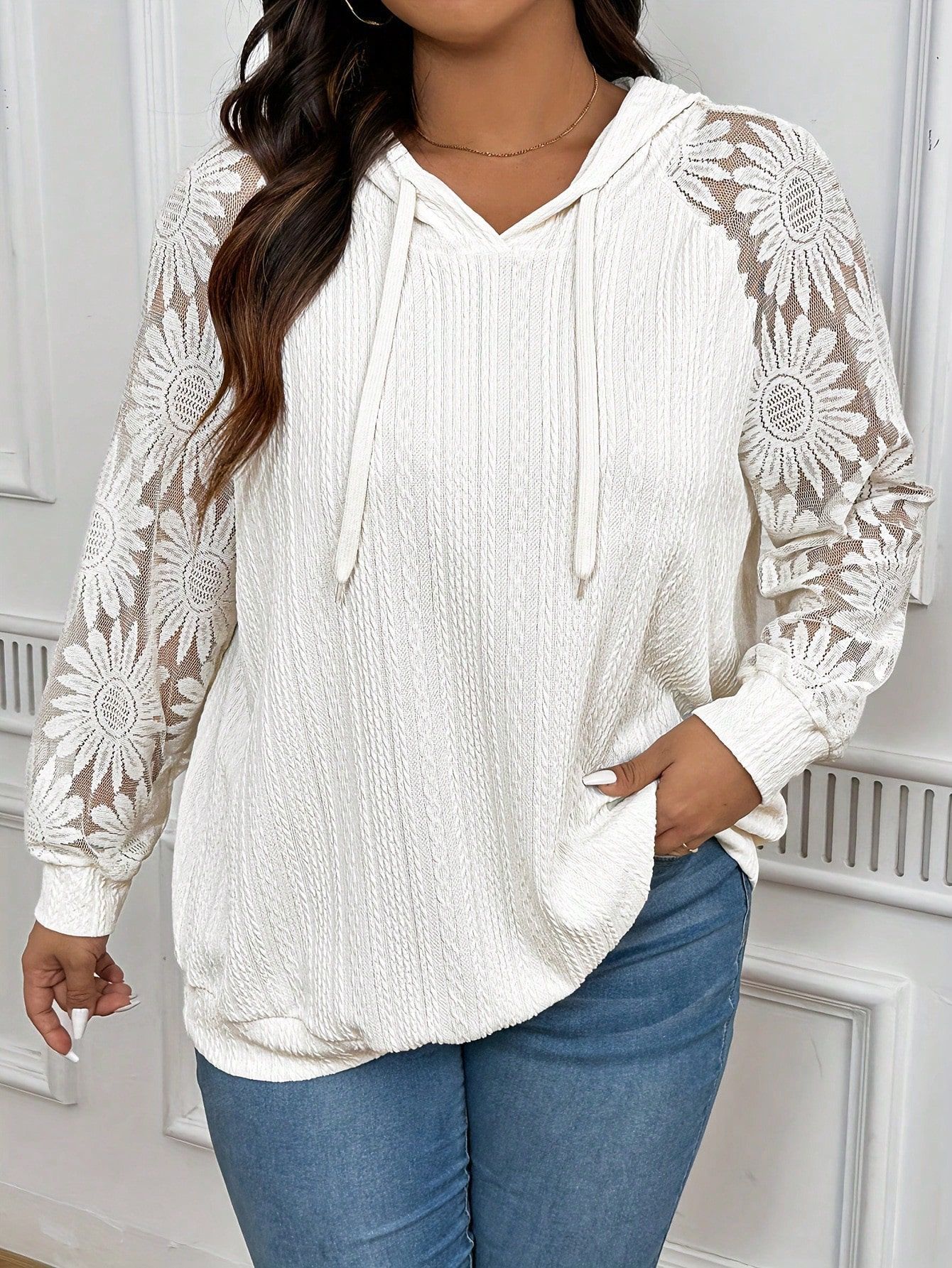Women's lace paneling hollow-out pullover in white – round neck long sleeve detail view