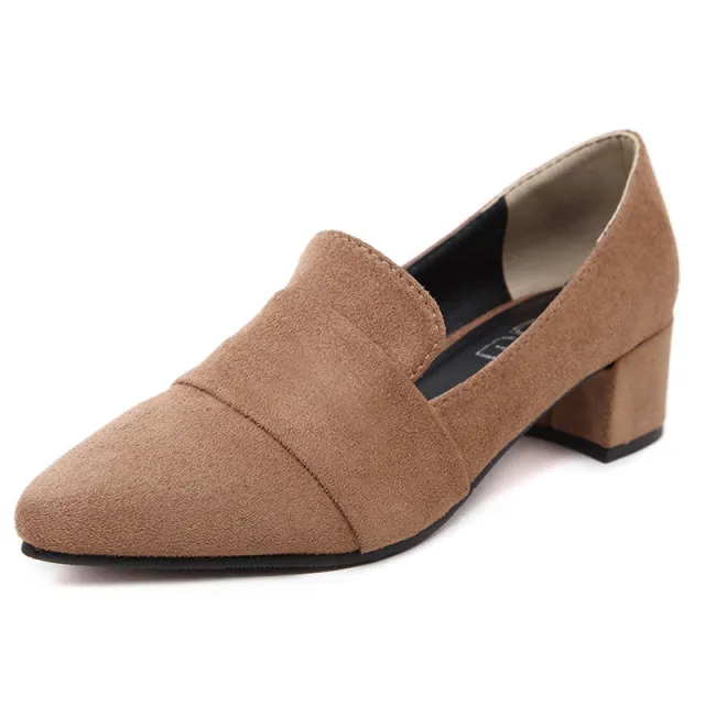 Women's All matching Chunky Heel Deep Mouth Pointed Pumps Camel - Shop at LoveMi