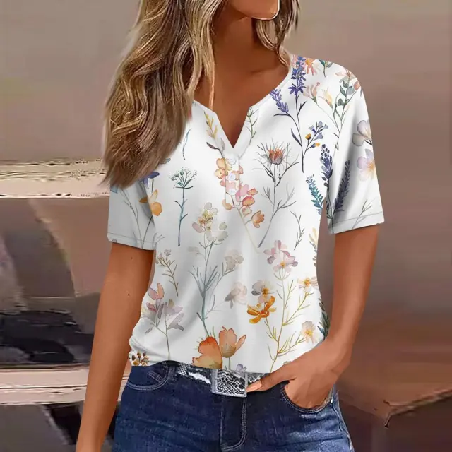 Women's Striped Gradient Flower Print Three button V neck Short Sleeve Jyq47101506 2Xl - Shop at LoveMi