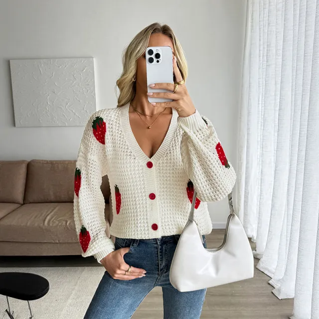 Casual Cardigan European And American Ladies Strawberry Jacquard Sweater Creamywhite - Shop at LoveMi