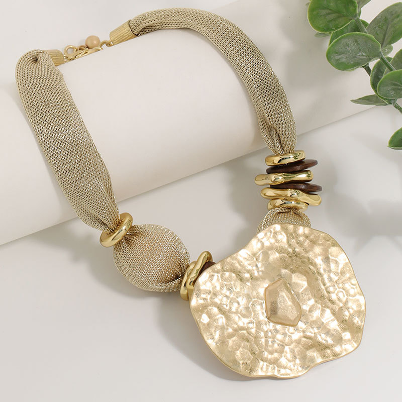 Womens Gold Mesh Chain Necklace With Hammered Pendant