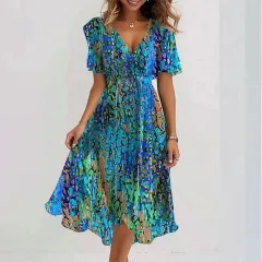 Flowers Printed V-neck Dress Summer A-line Short-sleeved Dresses For Women - Green - View 1