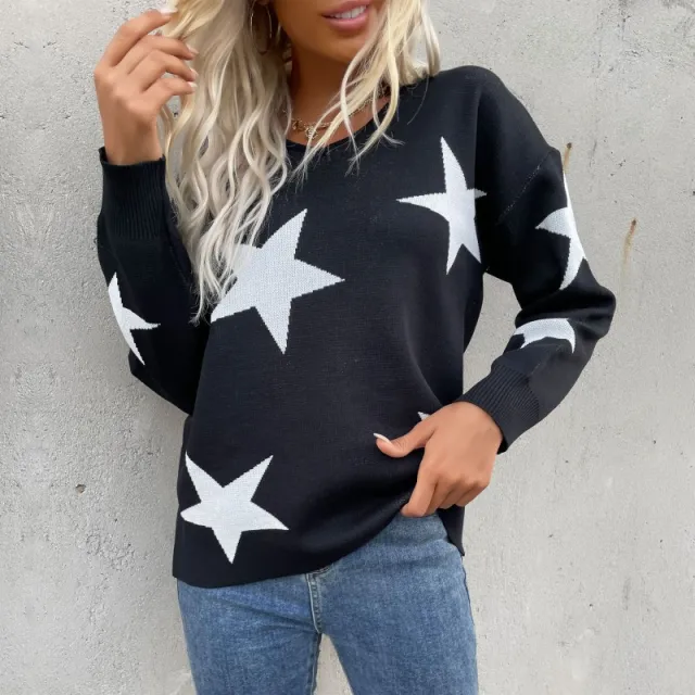 Five pointed Star Round Neck Long Sleeve Bottoming Knitted Sweater Black - Shop at LoveMi