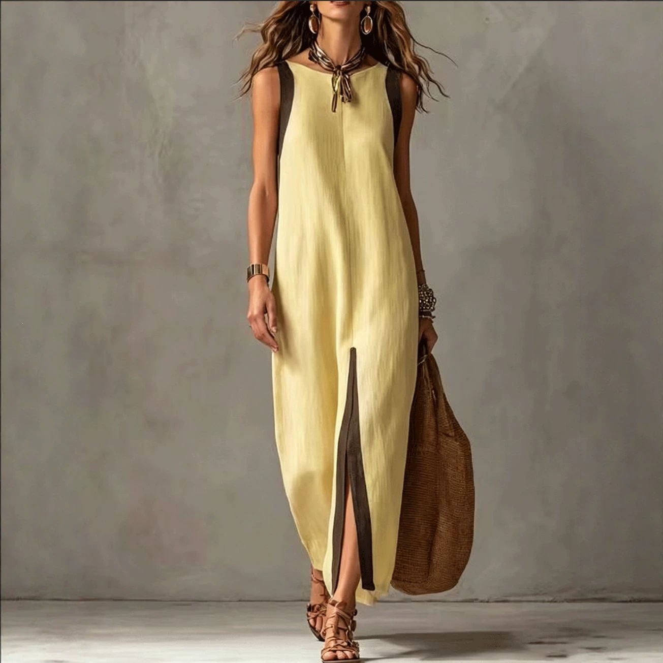 Summer New Womens Casual Chic Sleeveless Color-Block Split Dress