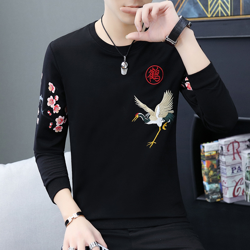 Round Neck Sweater Chinese Style Men's Crane Embroidery Bottoming Shirt