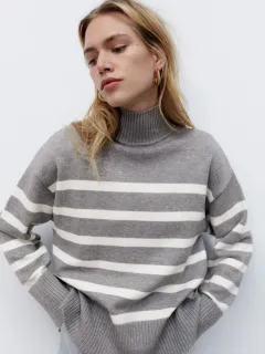Women's Loose Striped Turtleneck Sweater - Grey - View 1