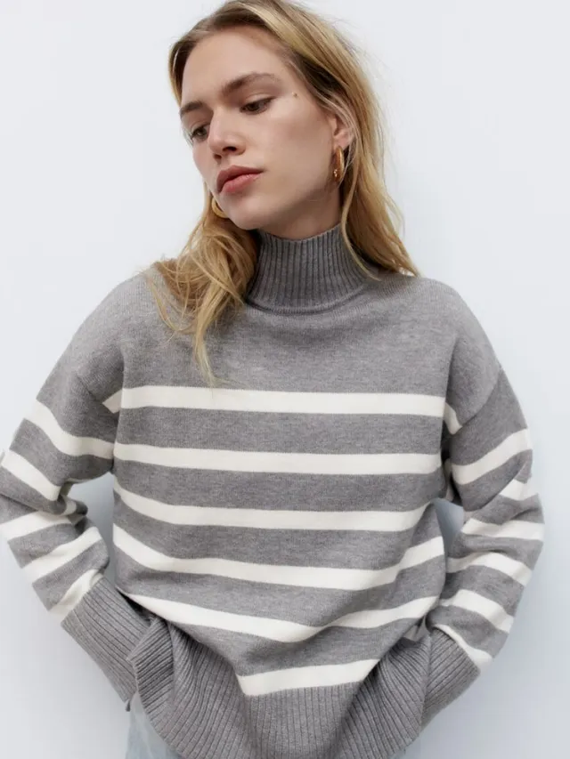 Women's Loose Striped Turtleneck Sweater Gray - Shop at LoveMi