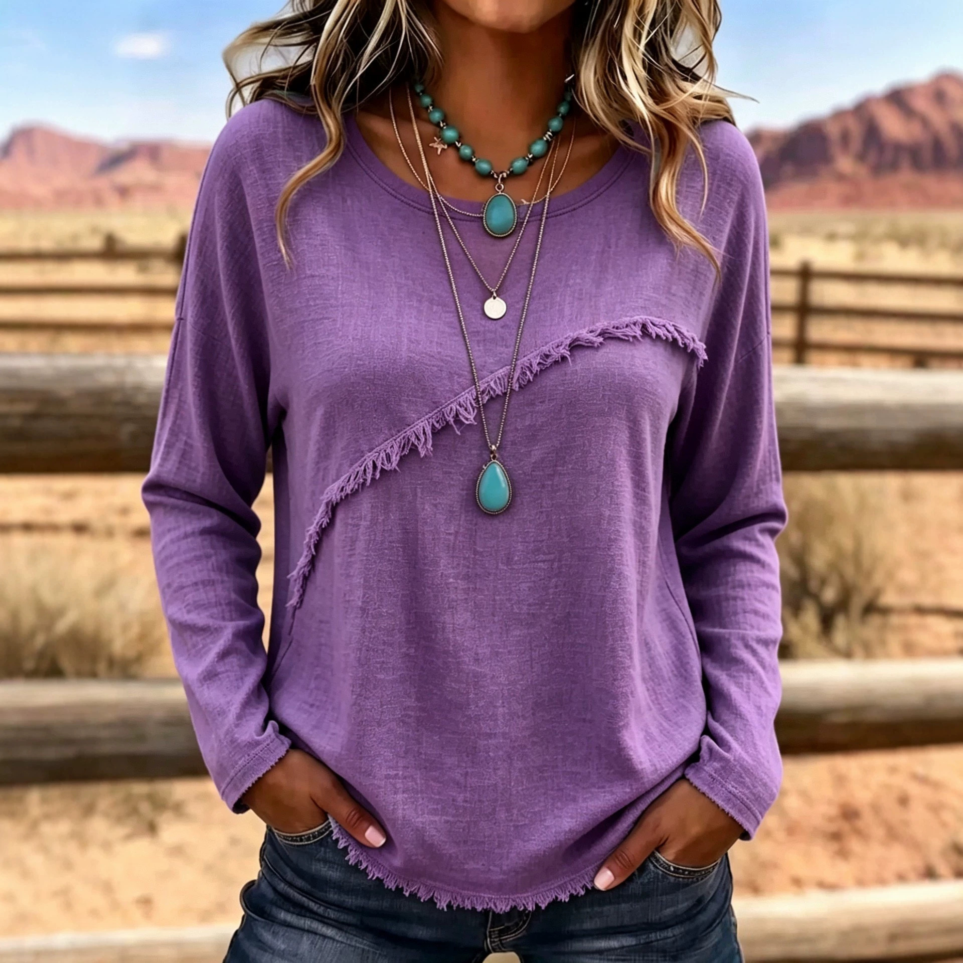 Womens Solid-color Textured Tassel Fringed Retro Crew-neck Top