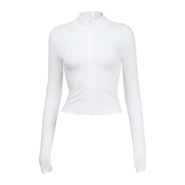 Women's Long Sleeve Mock Neck Zip Up Cardigan Cropped And Figure Hugging Top White - Shop at LoveMi