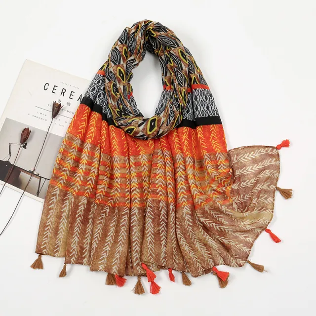 Color Matching Voile Cotton And Linen Scarf Women's Printed Tassel 1 Khaki Orange - Shop at LoveMi