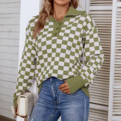 Mao Mao Yu Contrast Colour Check Polo Collar Sweater - Green - View 1