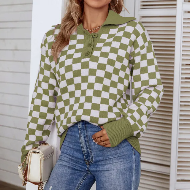 Mao Mao Yu Contrast Color Check Polo Collar Sweater Green - Shop at LoveMi