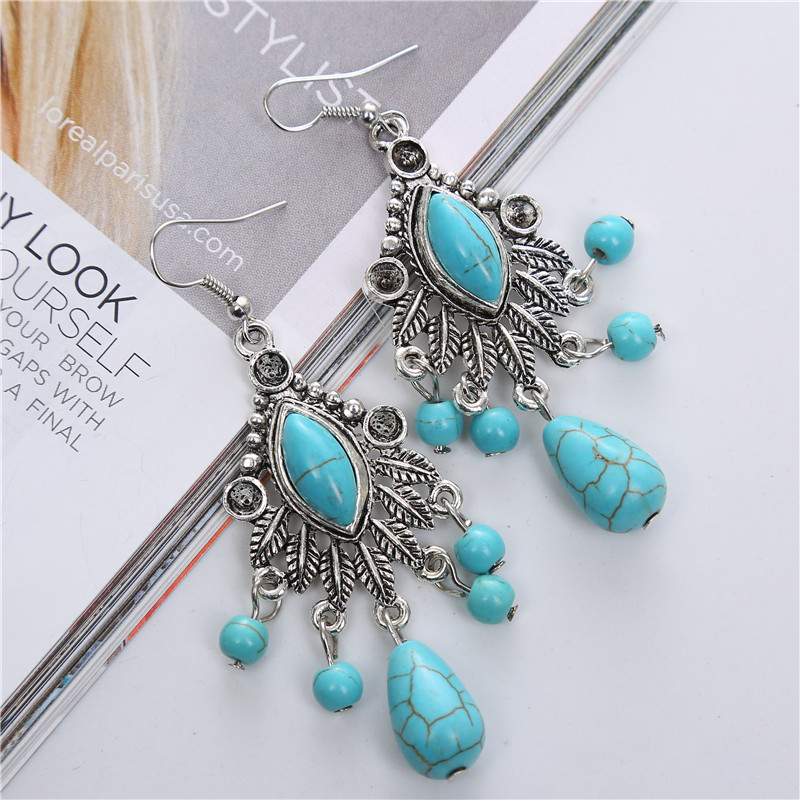 Fashionable Bohemian Vintage Carved Turquoise Teardrop Tassel Earrings