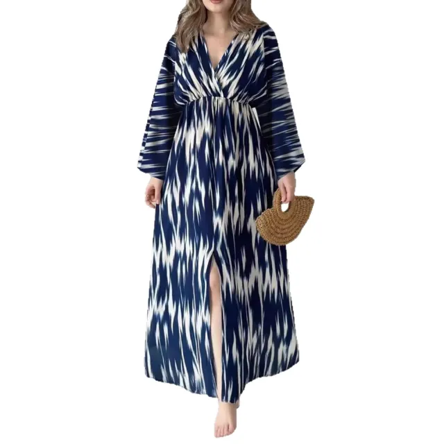 New Printed V neck Slit Loose Long Sleeve Dress Blue - Shop at LoveMi