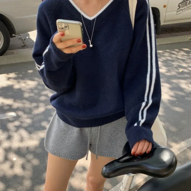 Minimalist Color Contrast Patchwork Striped V neck Loose Comfortable Long Sleeve Knitwear Navy Blue - Shop at LoveMi
