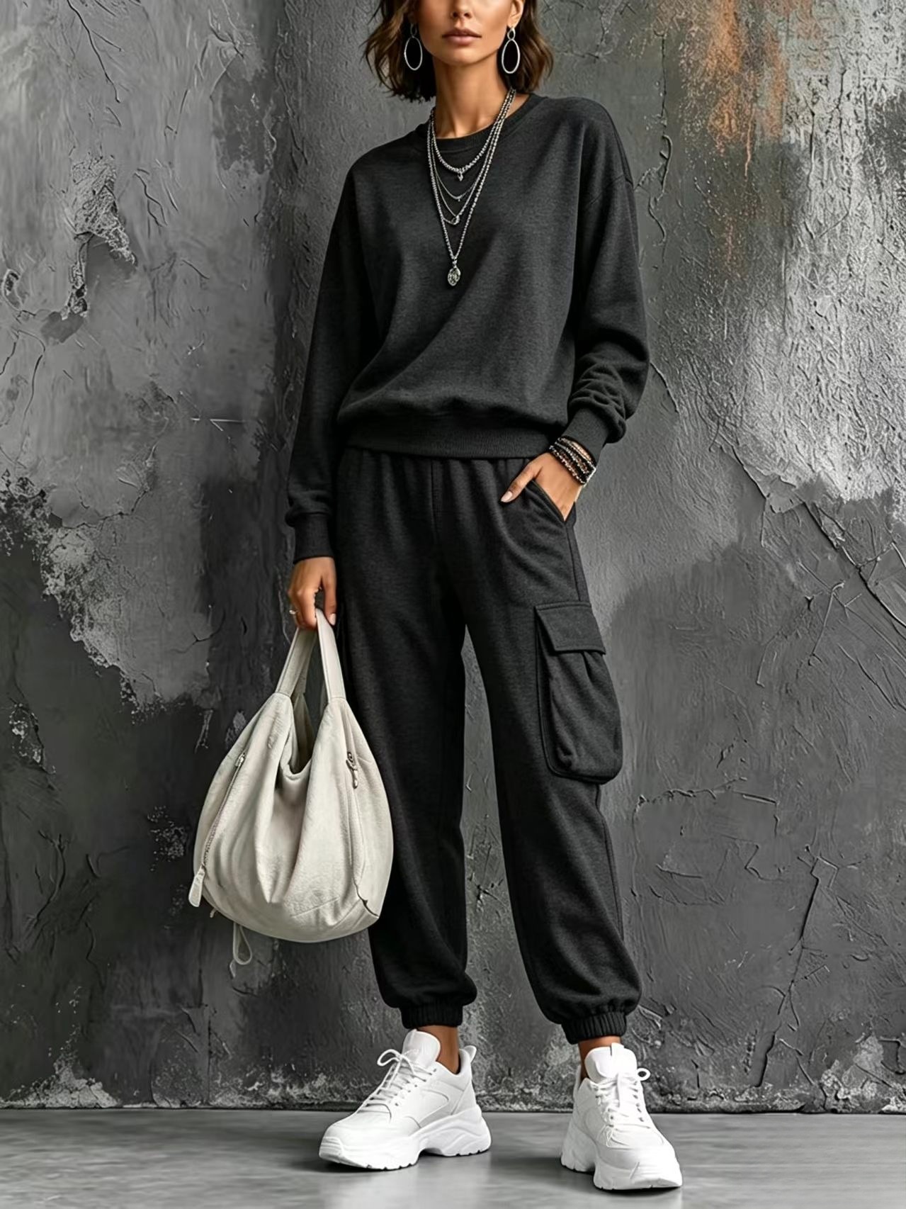 Womens Round-neck Solid-color Long-sleeve Top And Pants Set