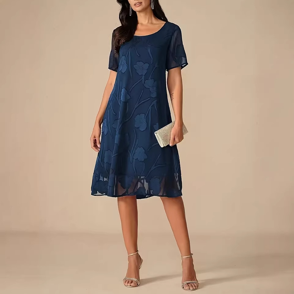 Womens SpringSummer Solid-Color Crew-Neck Short-Sleeve Slim-Fit Dress