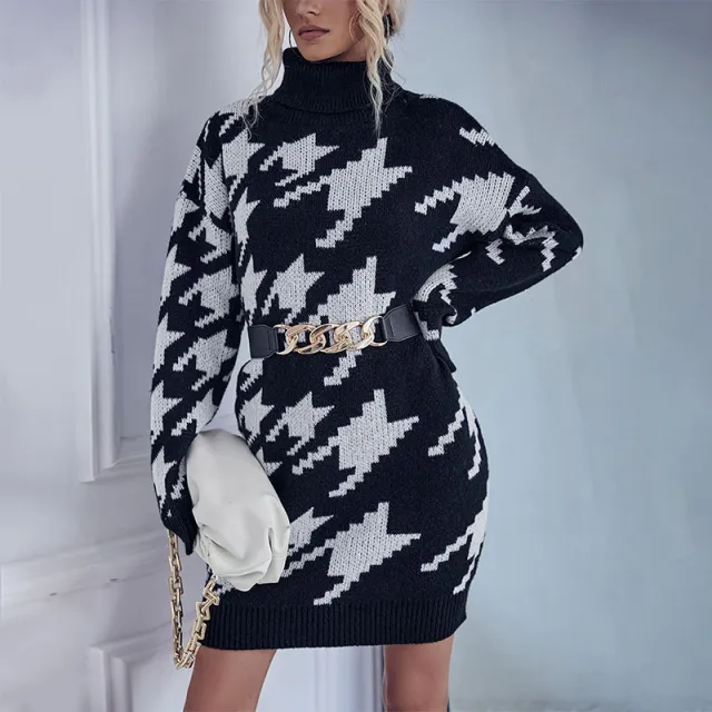 Women's High neck Loose Long sleeve Houndstooth Knitted Dress Black - Shop at LoveMi