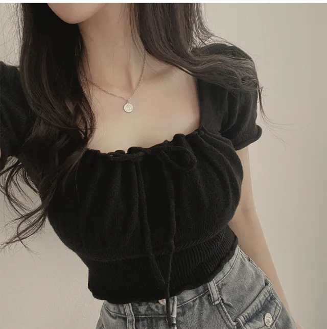 Square Collar Drawstring Short Knitwear Slim Top Black - Shop at LoveMi