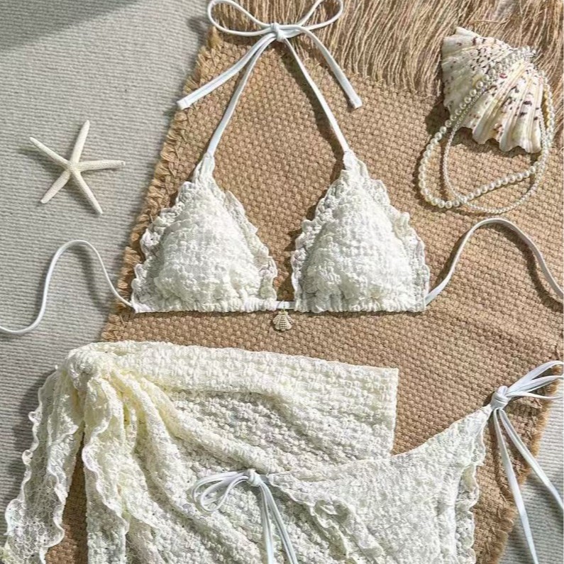 French Lace Halter Bikini Skirt Three-Piece Set